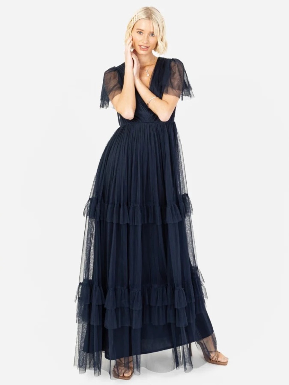 NWT Anaya With Love Recycled Navy Ruffle Maxi Dress with Keyhole-Size 14